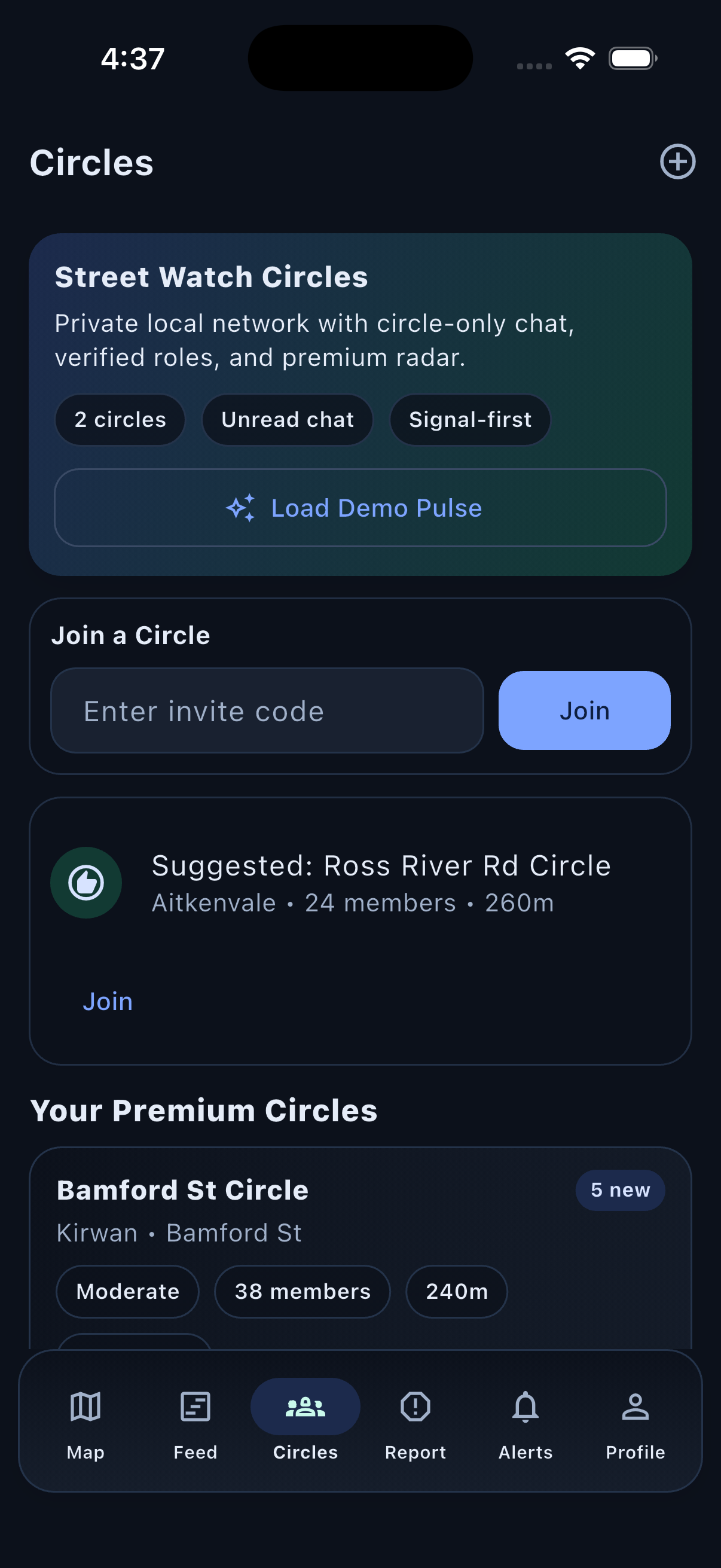 StreetShield Trusted Circles screen